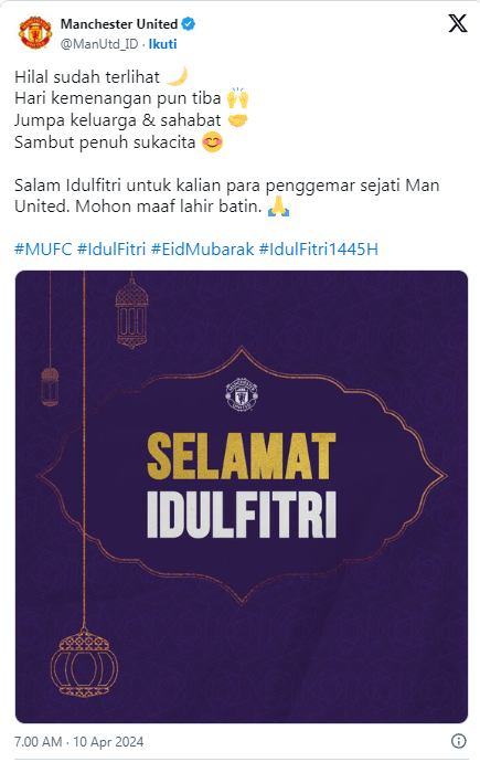 Ucapkan Idul Fitri 1445 H jatuh pada 10 April 2024 di beberapa negara di dunia termasuk Indonesia. dari club bola barcelona - man united